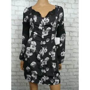 $160 Majorelle Black White Rose Print Satin & Lace Sheath Dress Small NWT